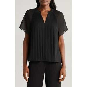 Tahari Woman Black Pleated V-Neck Flutter Sleeve Blouse Top 1X New